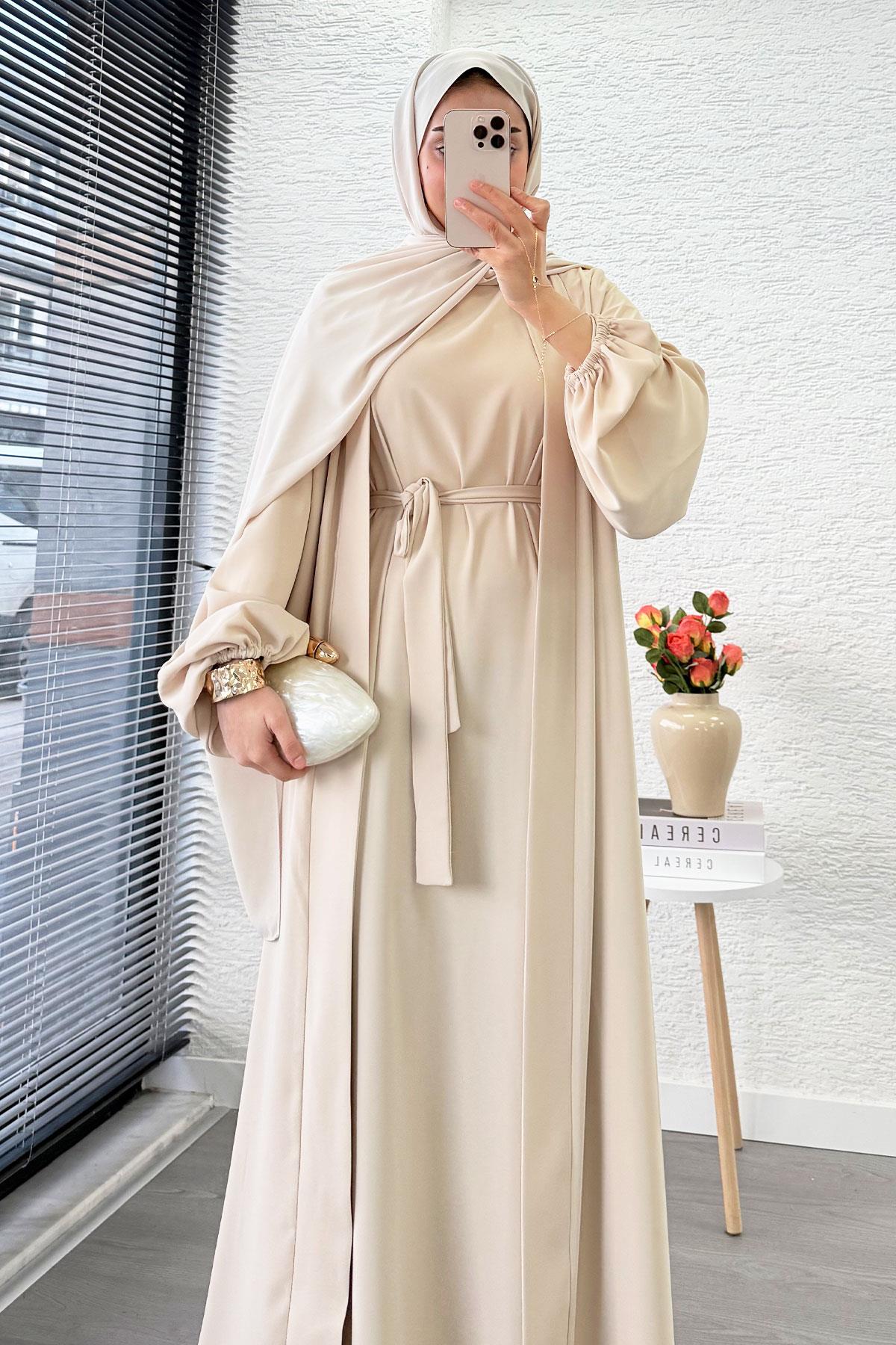 Kolu Lastikli İkili Abaya Takım – Krem