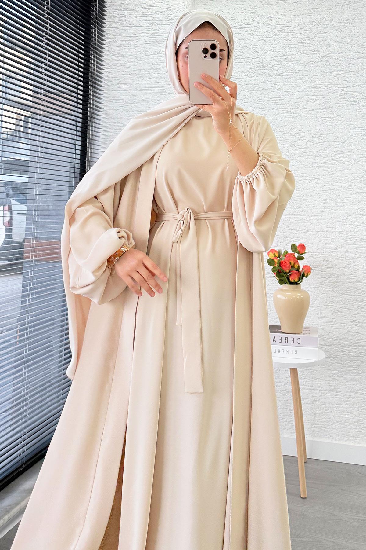 Kolu Lastikli İkili Abaya Takım – Krem