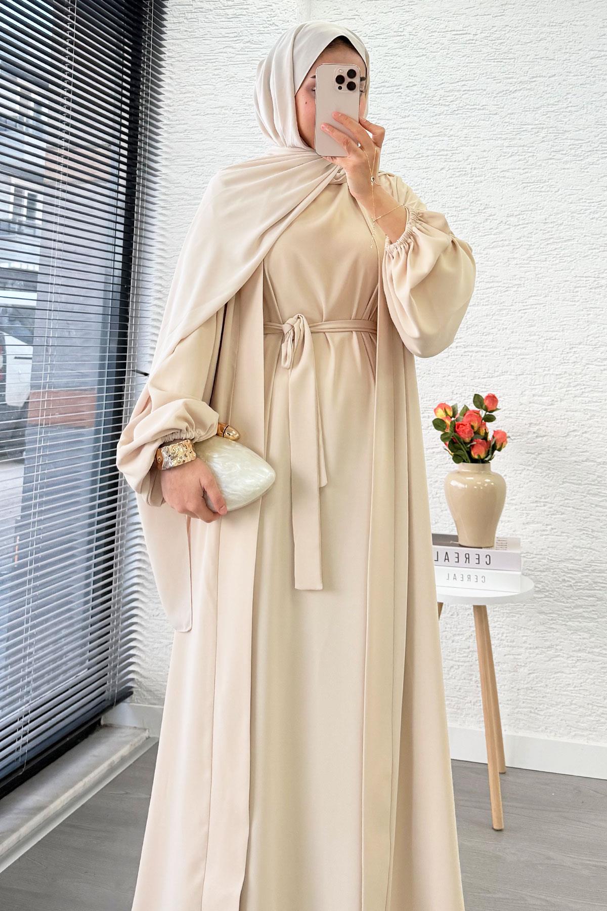 Kolu Lastikli İkili Abaya Takım – Krem
