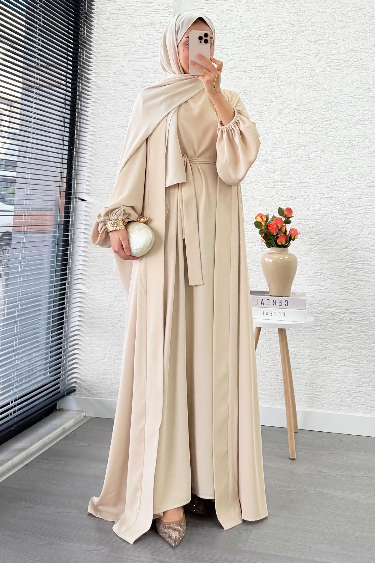 Kolu Lastikli İkili Abaya Takım – Krem