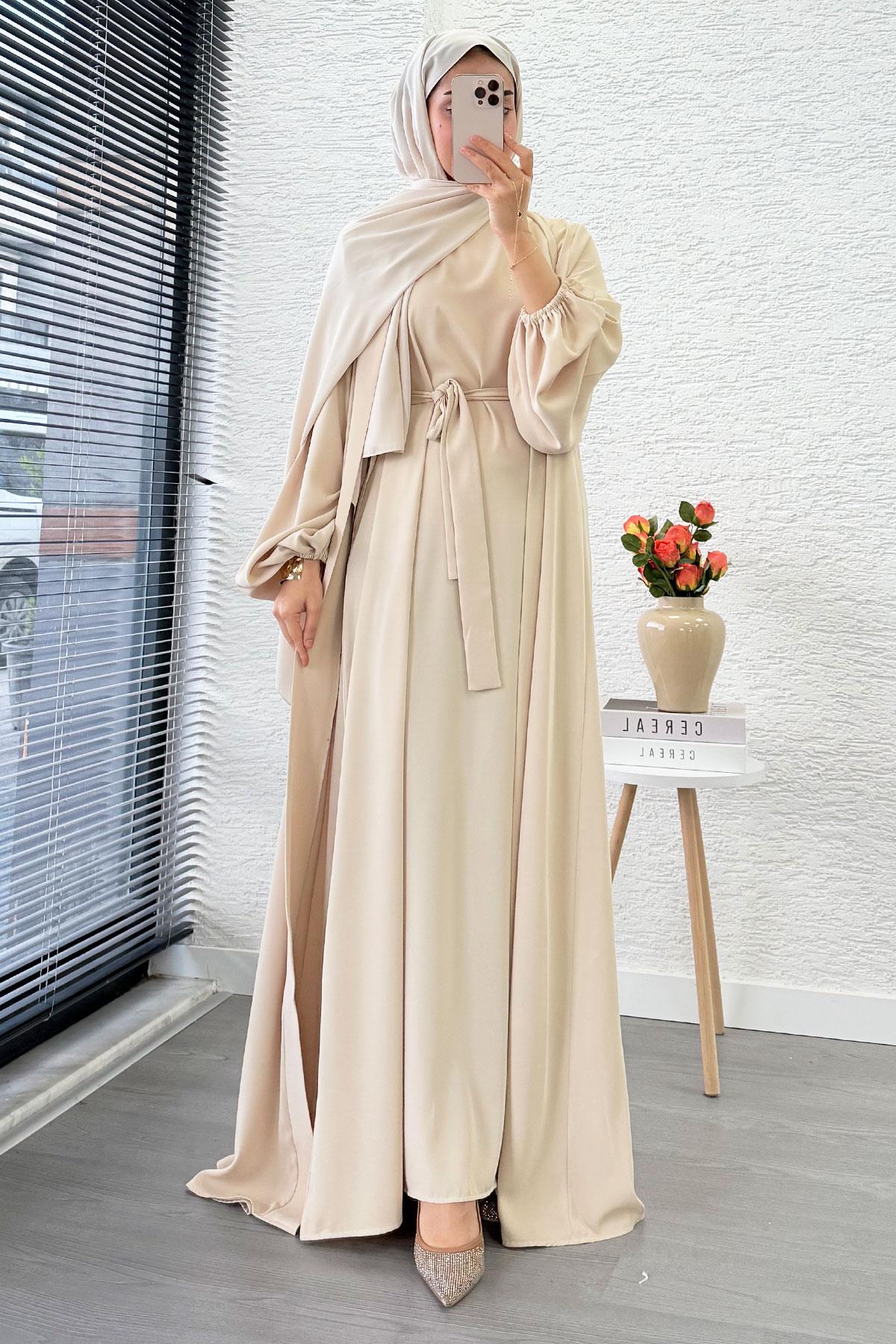 Kolu Lastikli İkili Abaya Takım – Krem