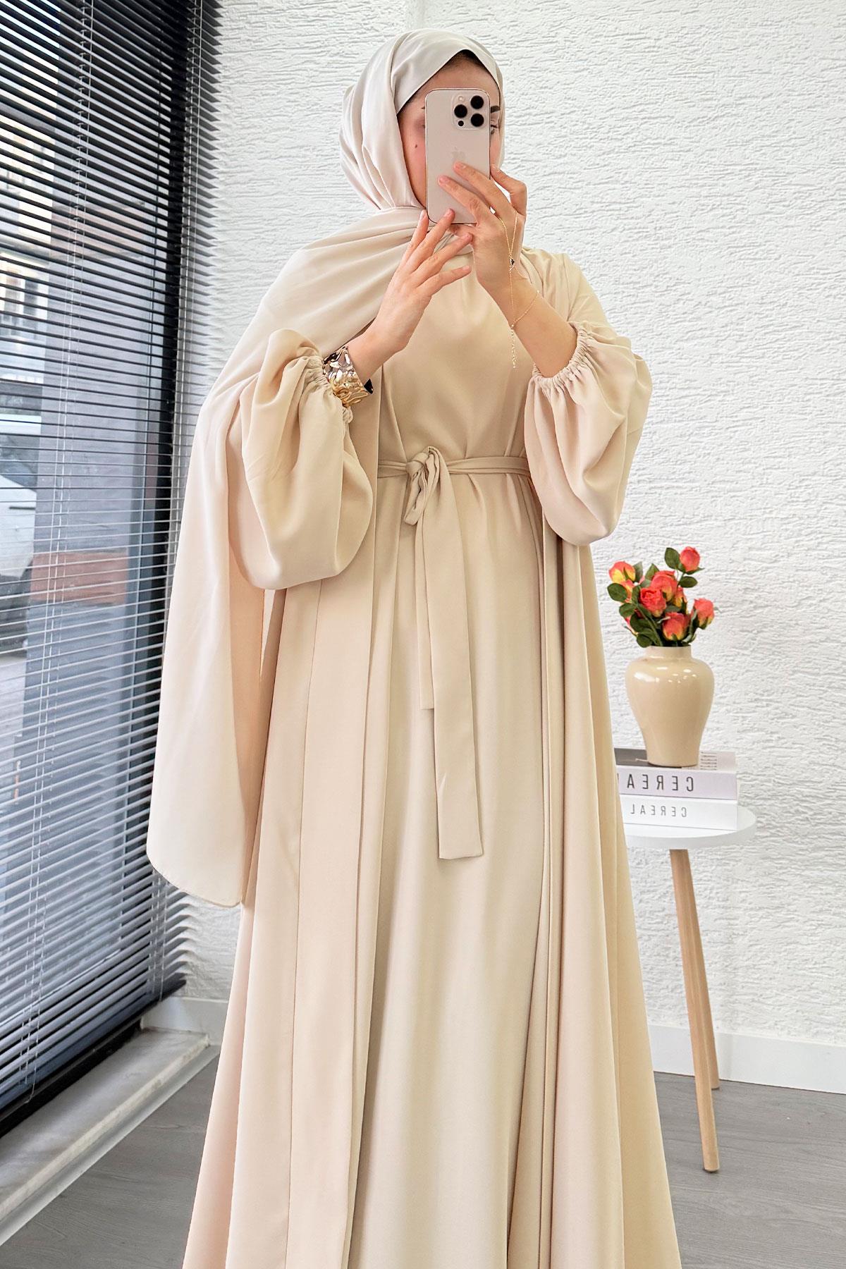 Kolu Lastikli İkili Abaya Takım – Krem