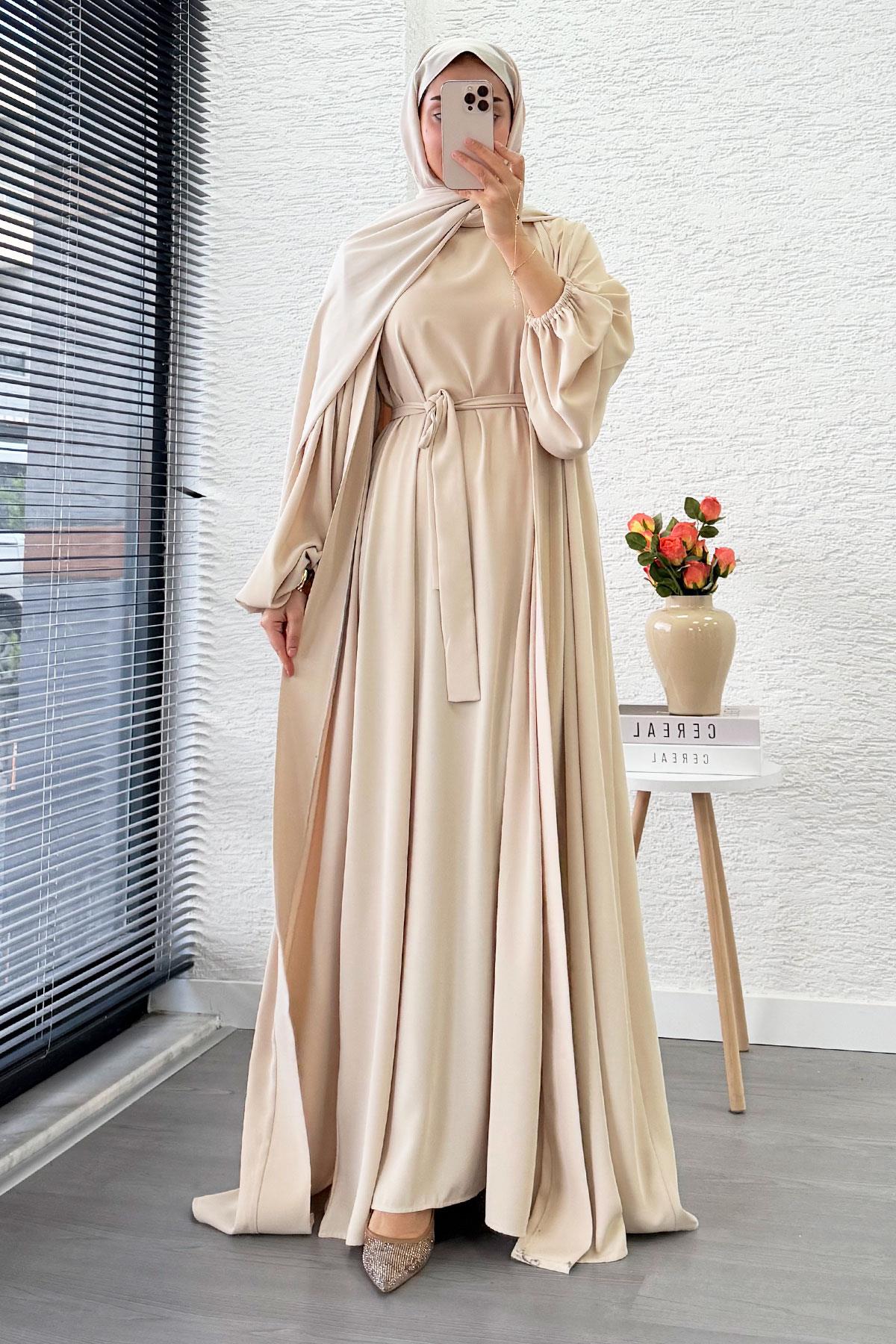 Kolu Lastikli İkili Abaya Takım – Krem