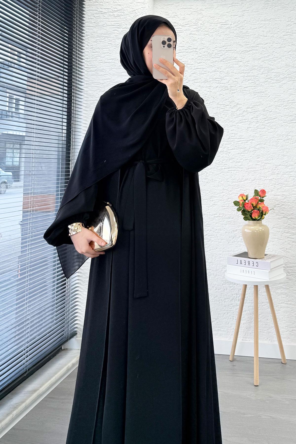 Kolu Lastikli İkili Abaya Takım – Siyah