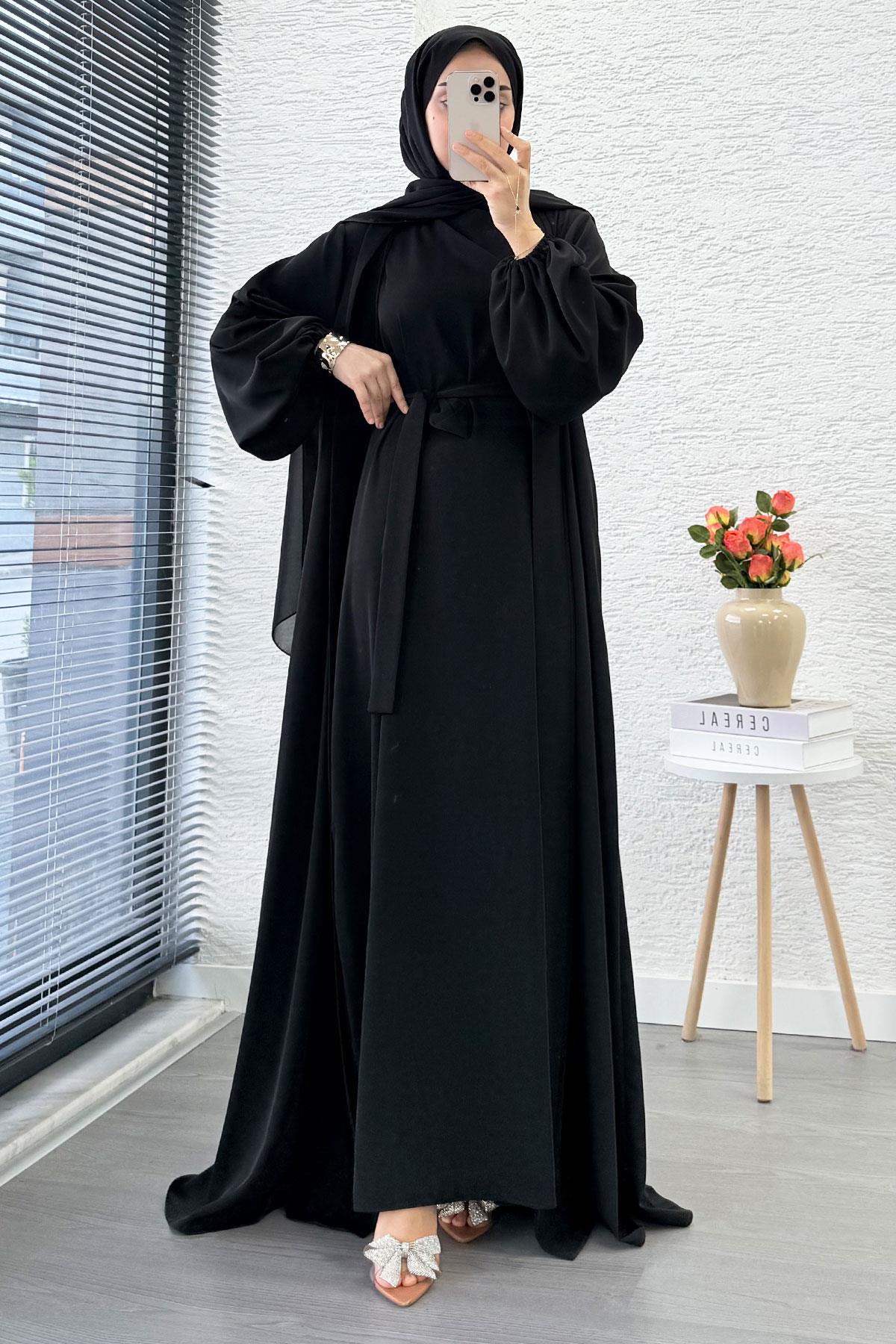 Kolu Lastikli İkili Abaya Takım – Siyah