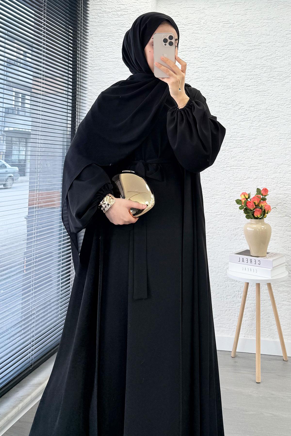 Kolu Lastikli İkili Abaya Takım – Siyah