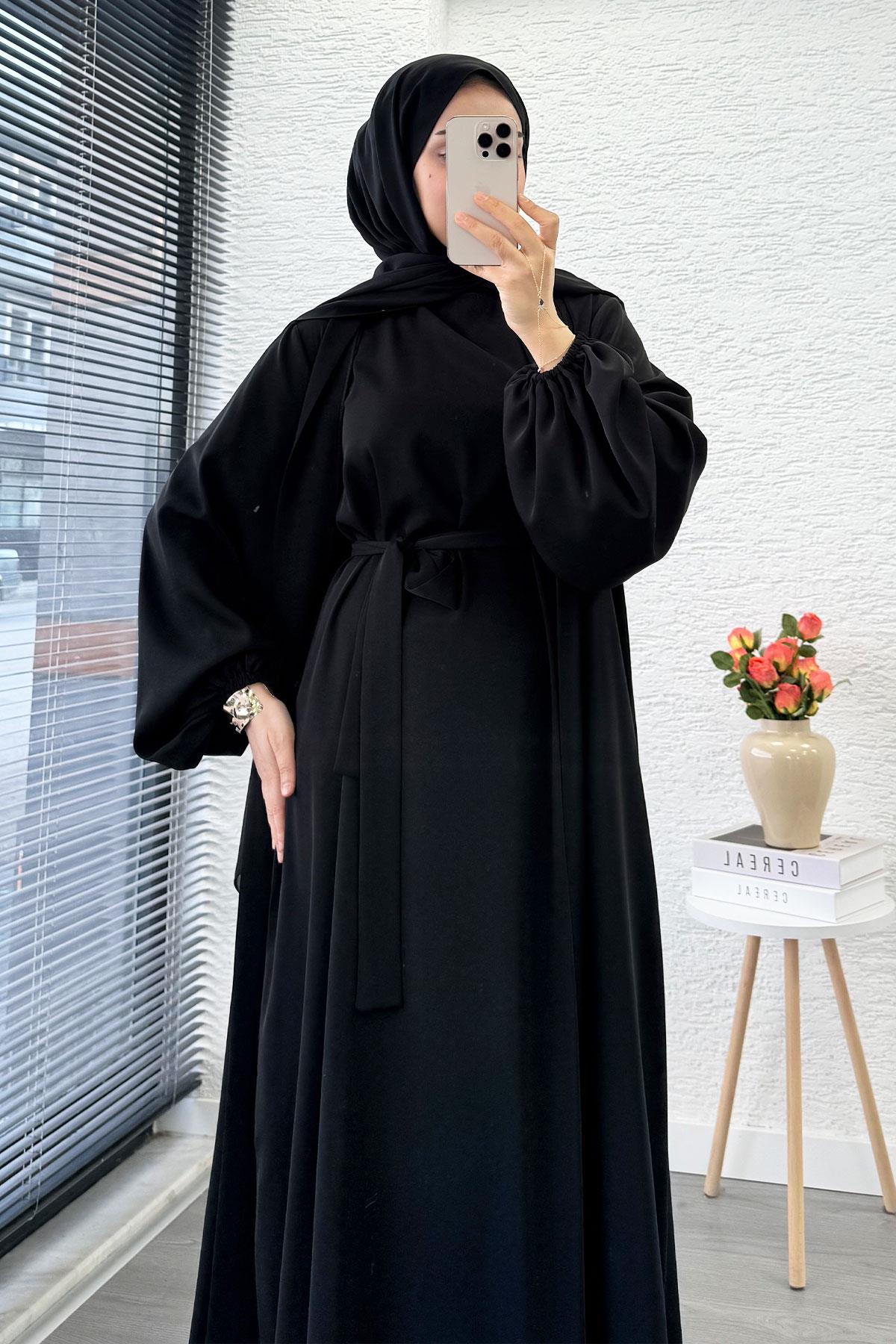 Kolu Lastikli İkili Abaya Takım – Siyah