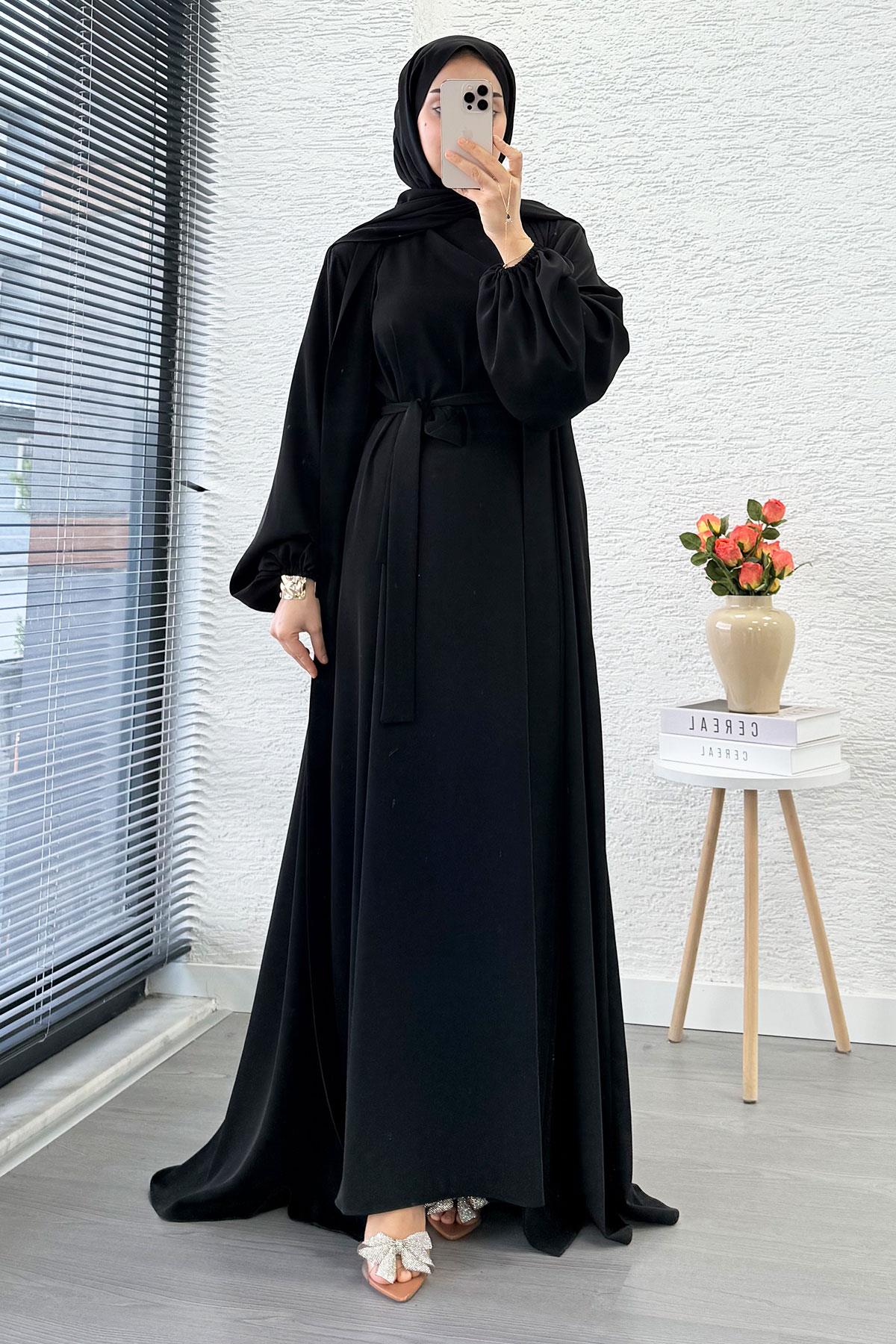 Kolu Lastikli İkili Abaya Takım – Siyah