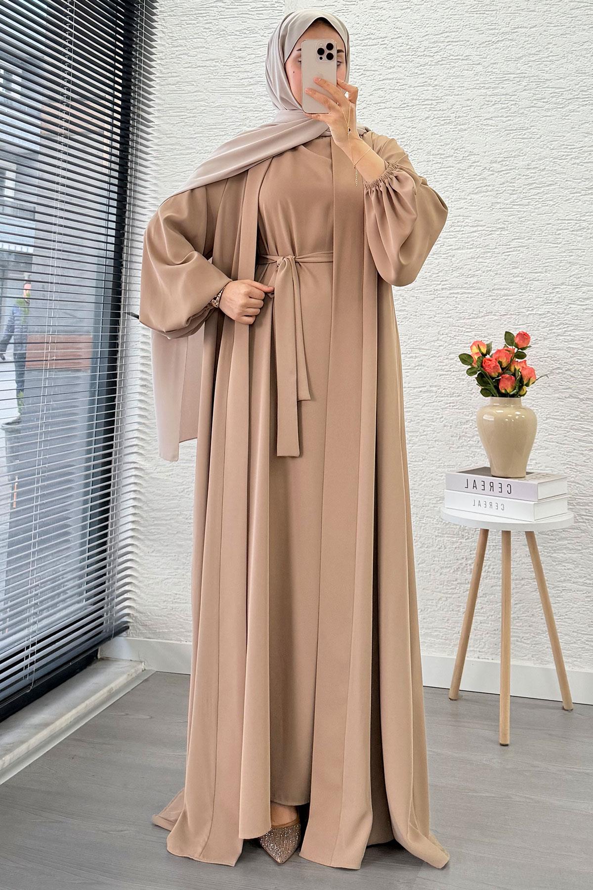 Kolu Lastikli İkili Abaya Takım – Vizon