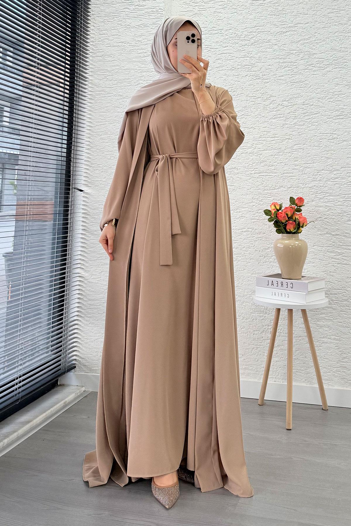 Kolu Lastikli İkili Abaya Takım – Vizon