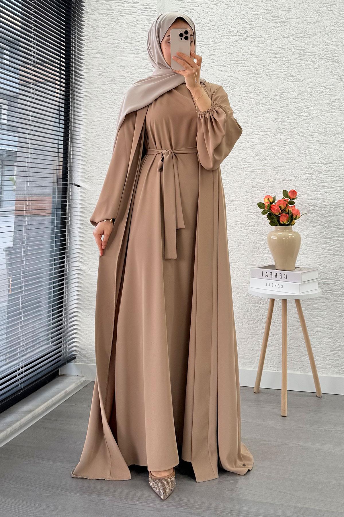 Kolu Lastikli İkili Abaya Takım – Vizon