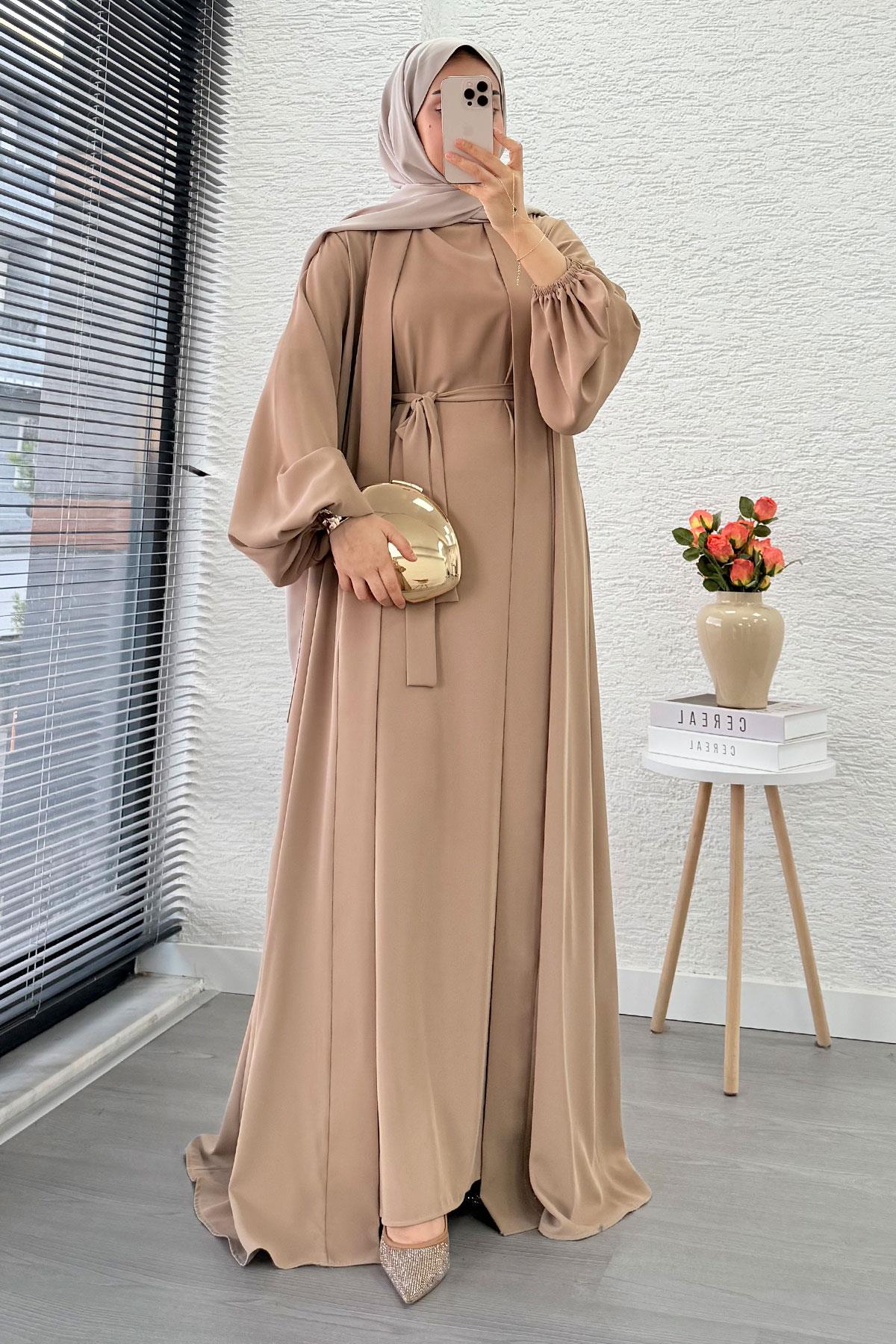 Kolu Lastikli İkili Abaya Takım – Vizon