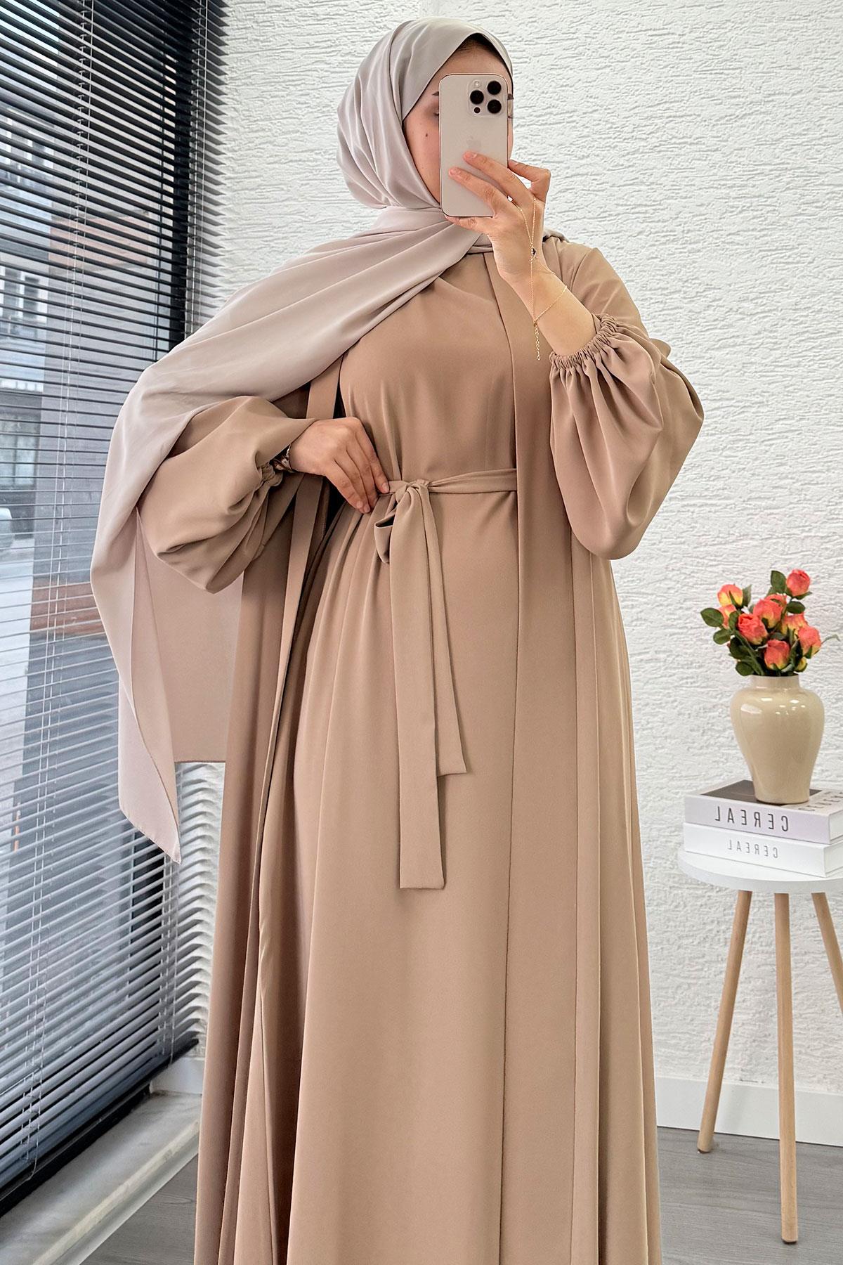 Kolu Lastikli İkili Abaya Takım – Vizon