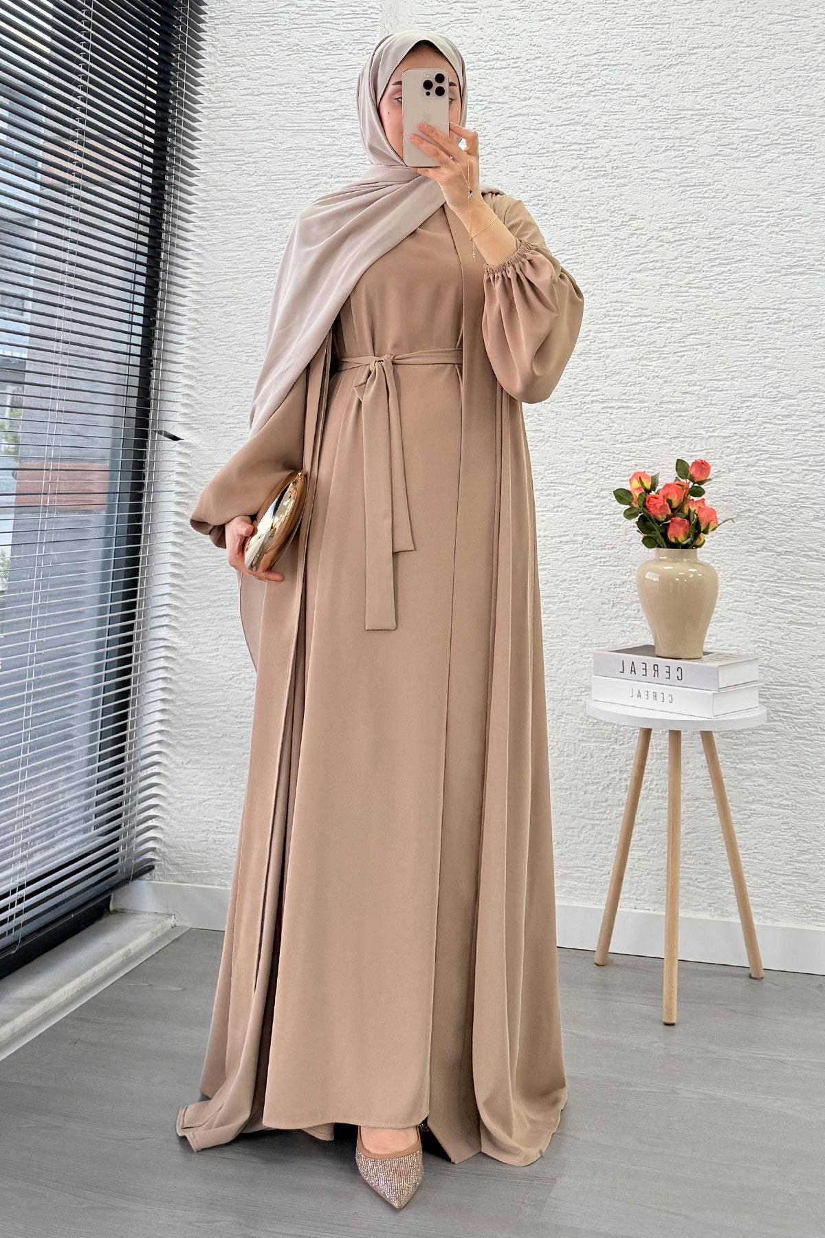 Kolu Lastikli İkili Abaya Takım – Vizon