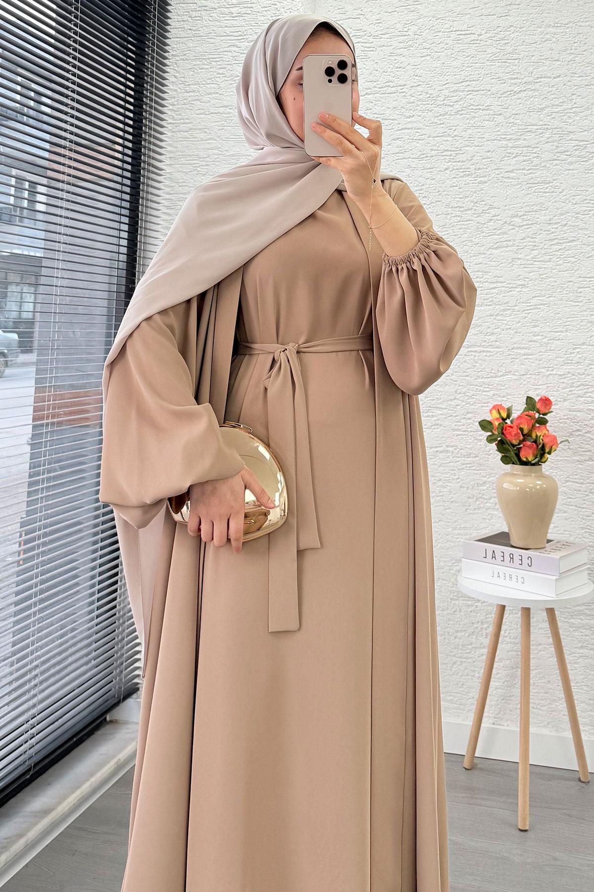 Kolu Lastikli İkili Abaya Takım – Vizon