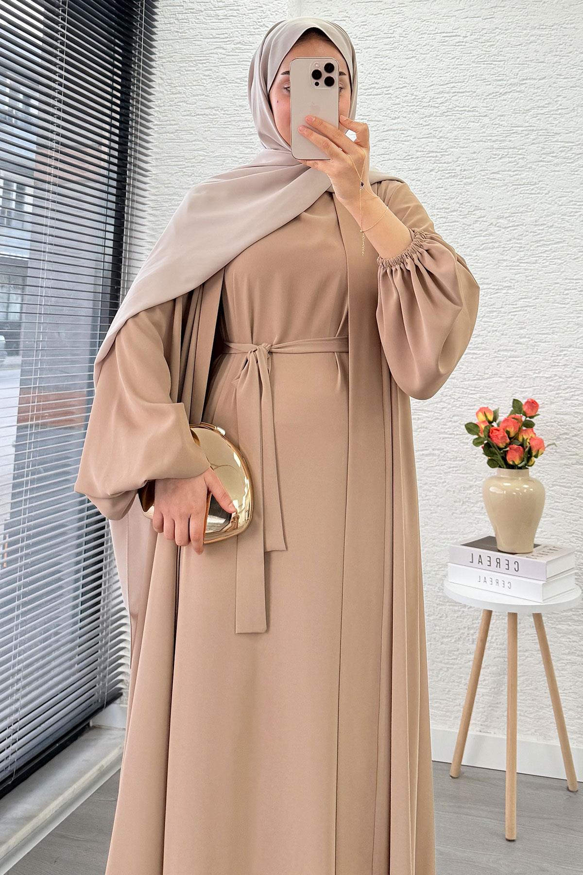 Kolu Lastikli İkili Abaya Takım – Vizon
