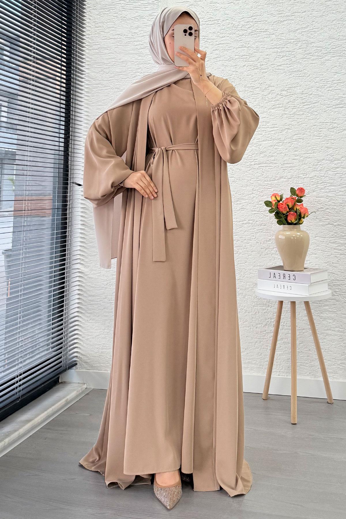 Kolu Lastikli İkili Abaya Takım – Vizon