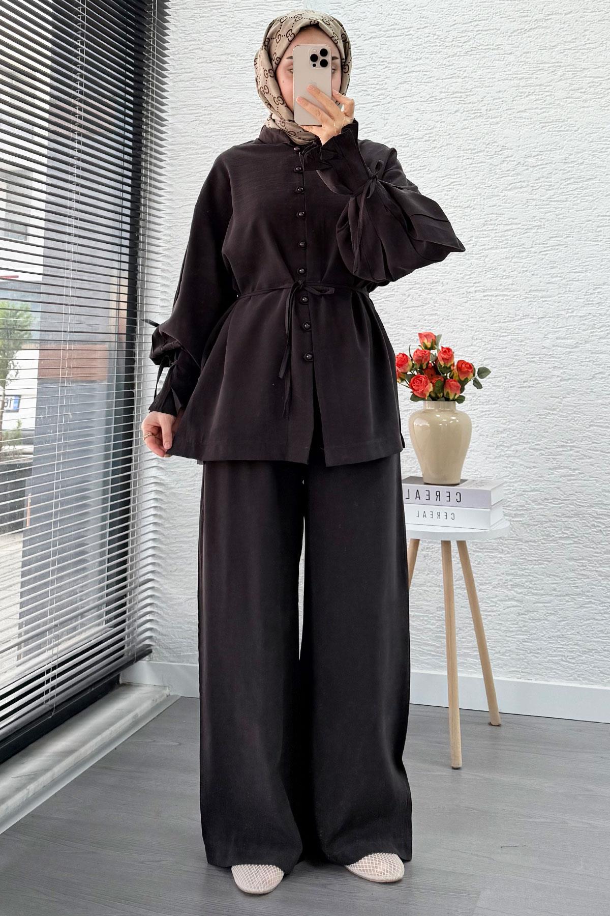 Kolu Pileli Önden Düğmeli Kadın İkili Takım - Acı Kahve