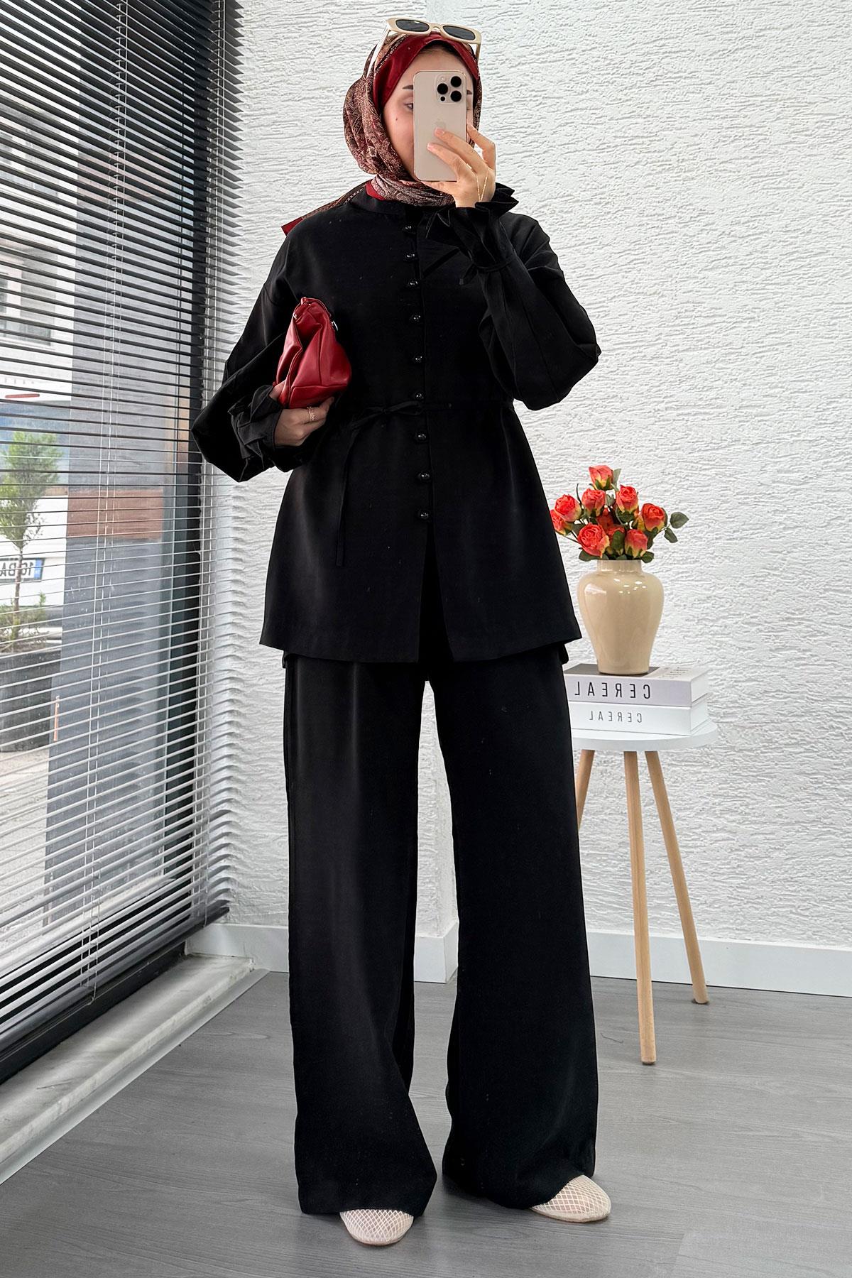 Kolu Pileli Önden Düğmeli Kadın İkili Takım - Siyah