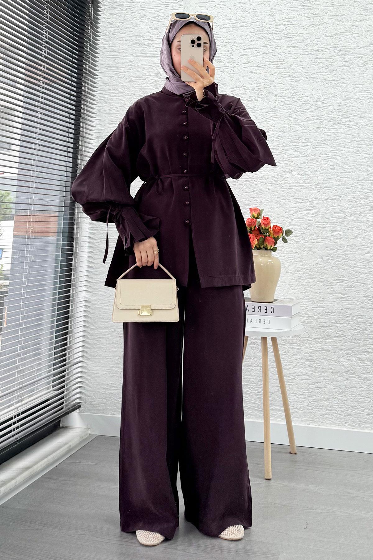 Kolu Pileli Önden Düğmeli Kadın İkili Takım - Mürdüm