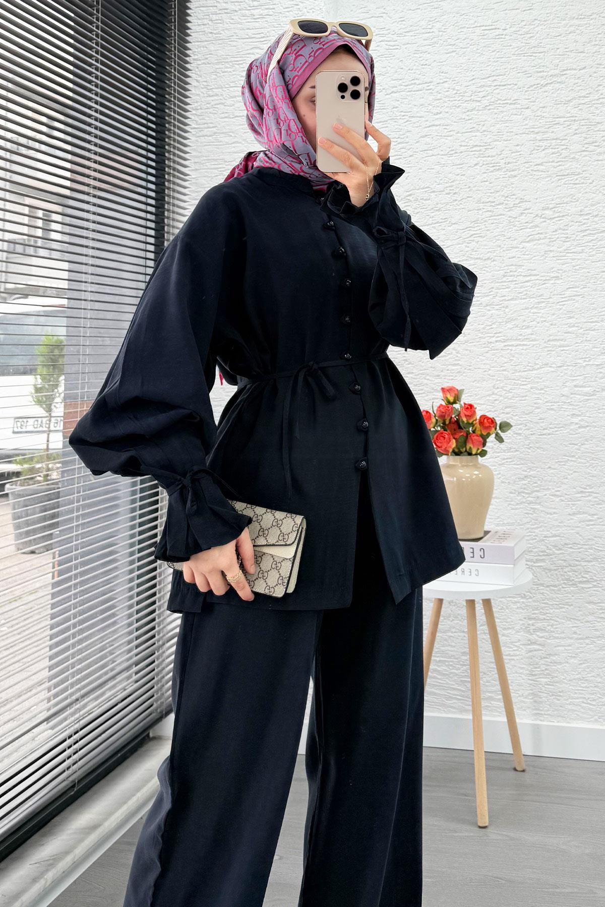 Kolu Pileli Önden Düğmeli Kadın İkili Takım - Lacivert