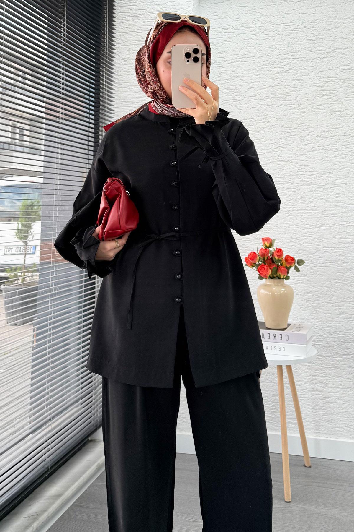 Kolu Pileli Önden Düğmeli Kadın İkili Takım - Siyah