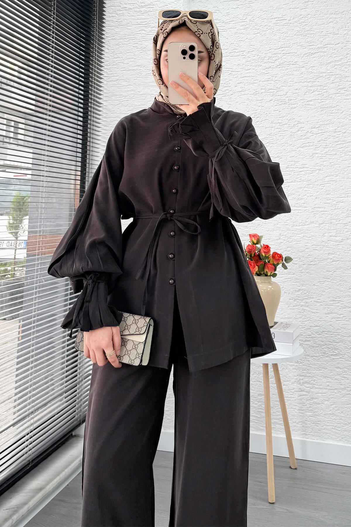 Kolu Pileli Önden Düğmeli Kadın İkili Takım - Acı Kahve