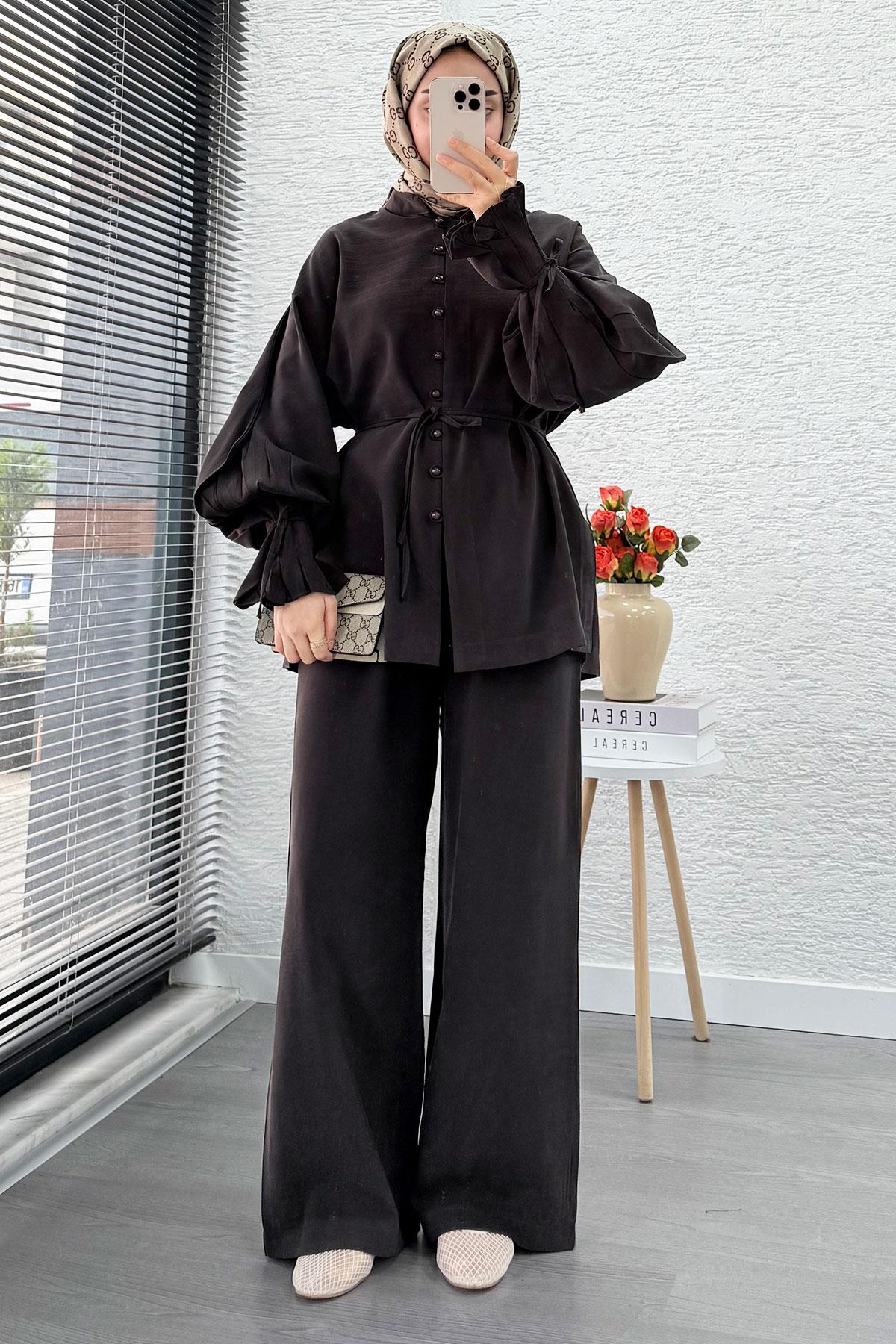 Kolu Pileli Önden Düğmeli Kadın İkili Takım - Acı Kahve