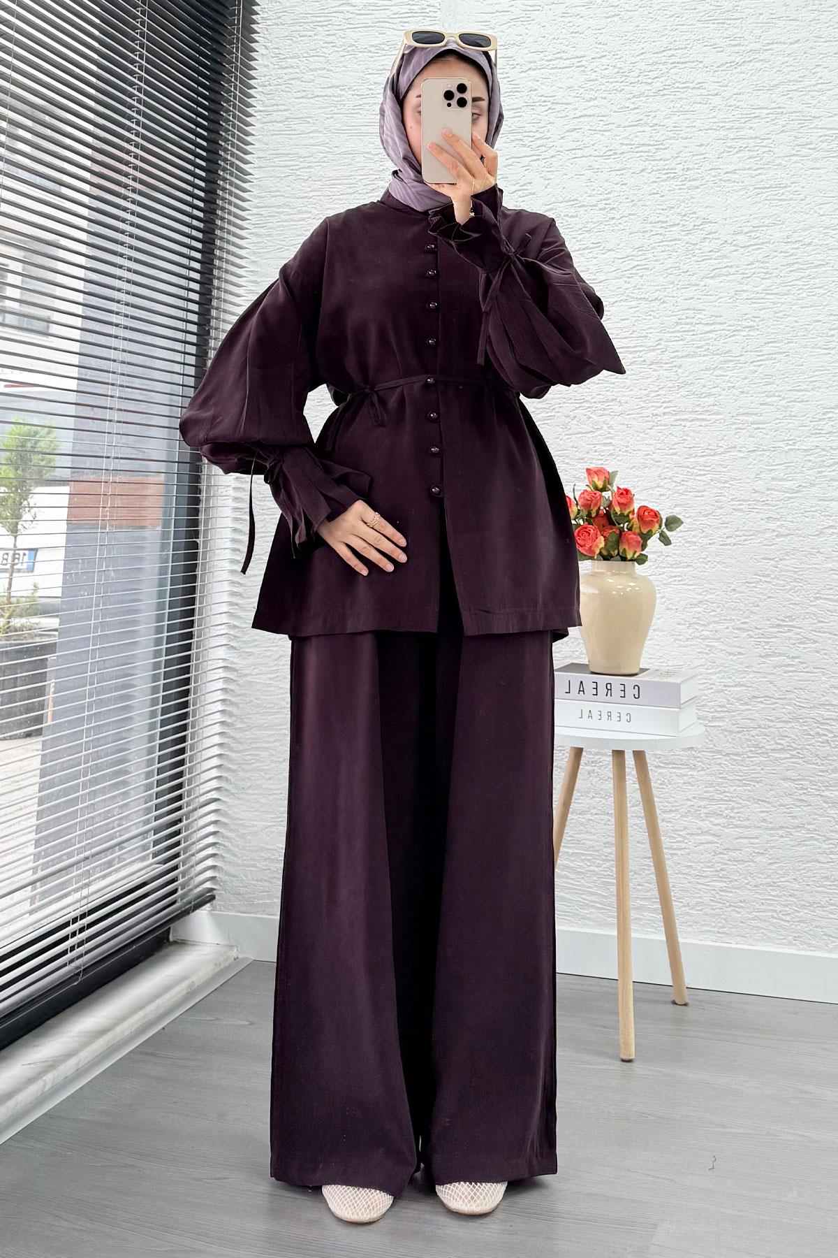 Kolu Pileli Önden Düğmeli Kadın İkili Takım - Mürdüm