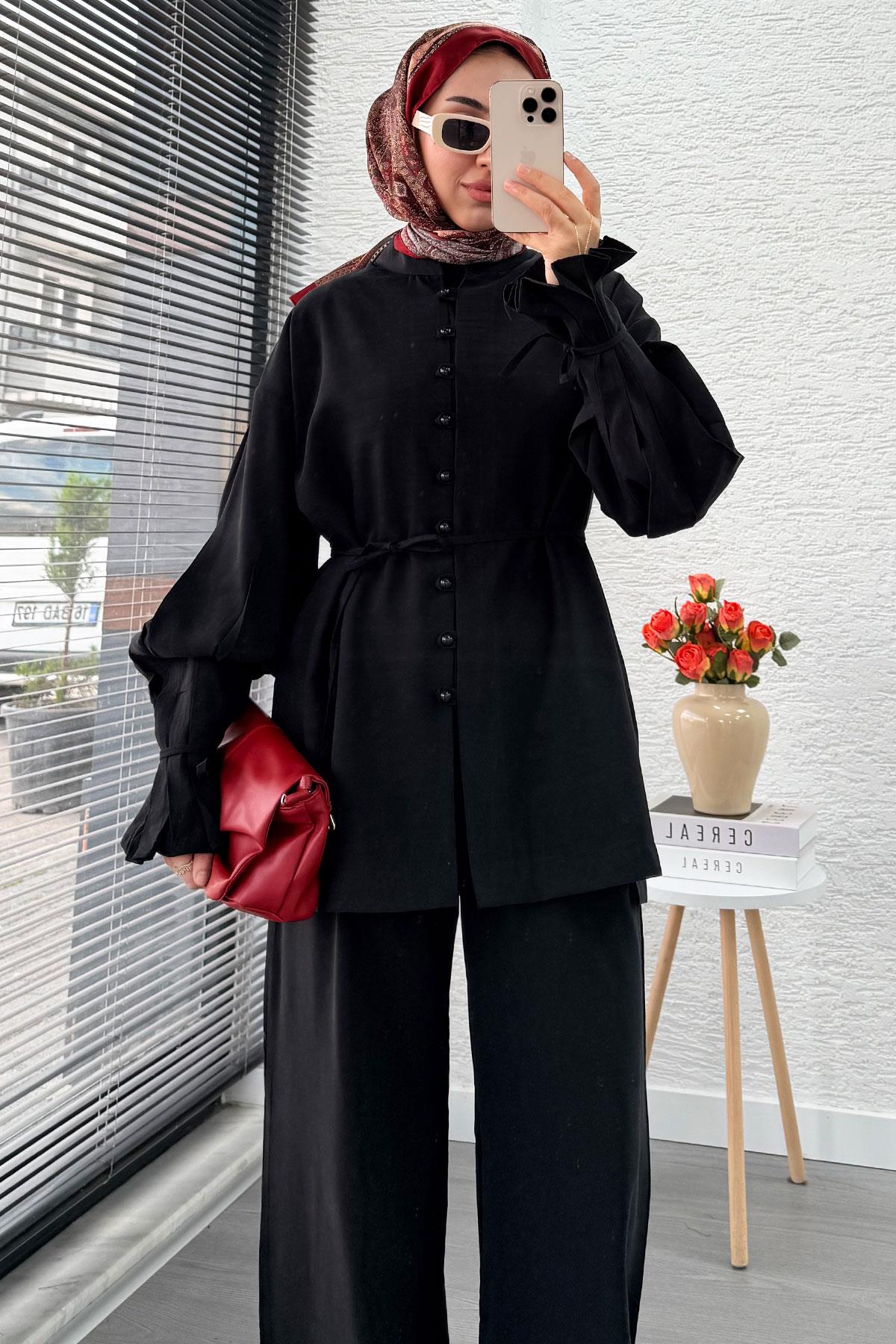 Kolu Pileli Önden Düğmeli Kadın İkili Takım - Siyah