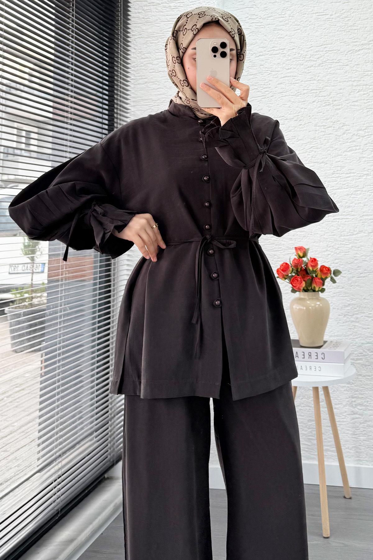 Kolu Pileli Önden Düğmeli Kadın İkili Takım - Acı Kahve