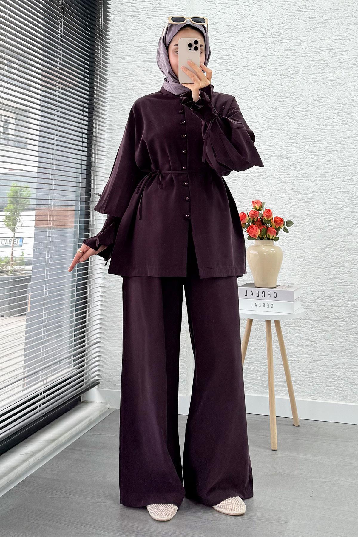 Kolu Pileli Önden Düğmeli Kadın İkili Takım - Mürdüm