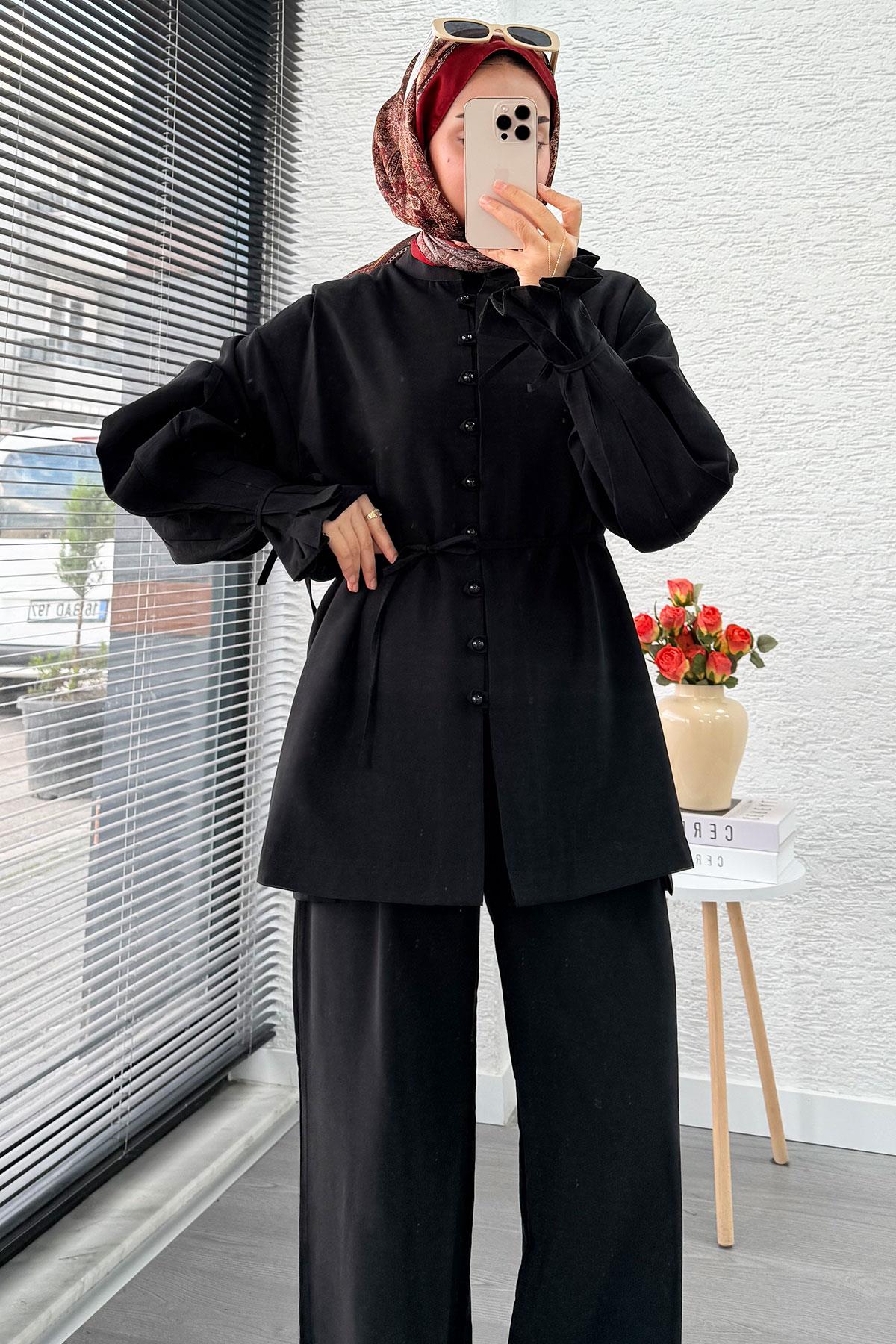 Kolu Pileli Önden Düğmeli Kadın İkili Takım - Siyah