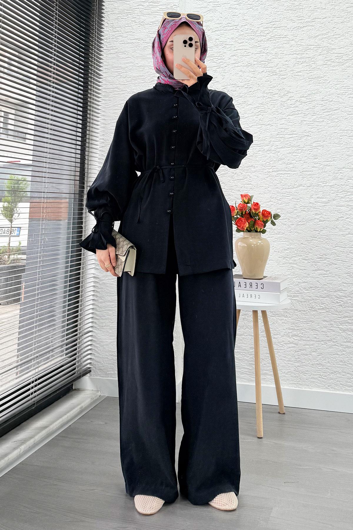 Kolu Pileli Önden Düğmeli Kadın İkili Takım - Lacivert