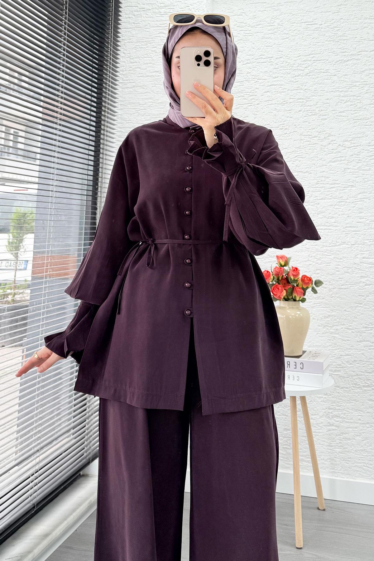 Kolu Pileli Önden Düğmeli Kadın İkili Takım - Mürdüm