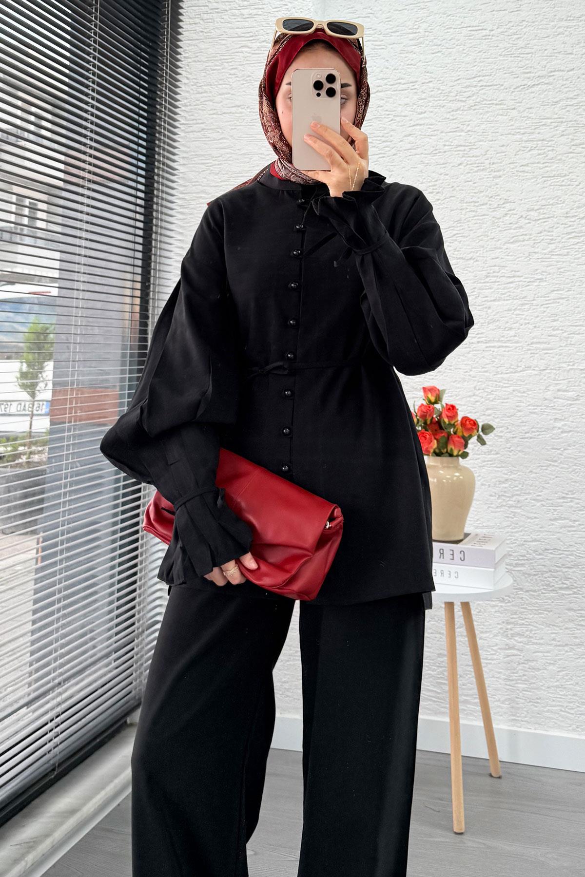 Kolu Pileli Önden Düğmeli Kadın İkili Takım - Siyah