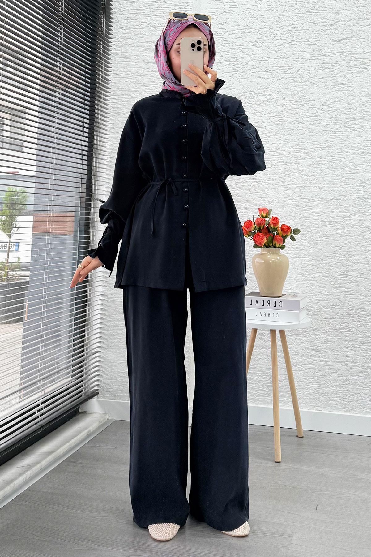 Kolu Pileli Önden Düğmeli Kadın İkili Takım - Lacivert