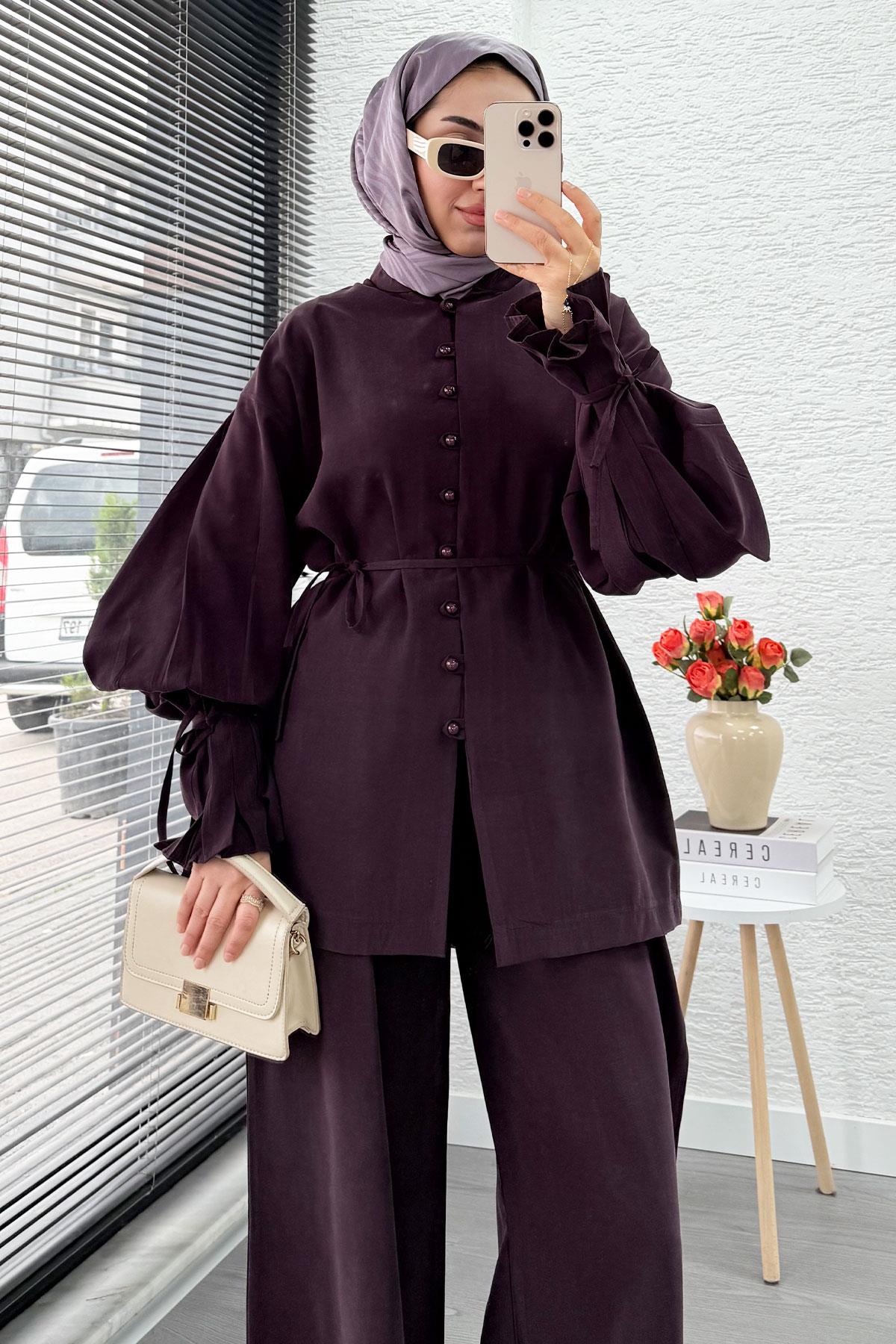 Kolu Pileli Önden Düğmeli Kadın İkili Takım - Mürdüm