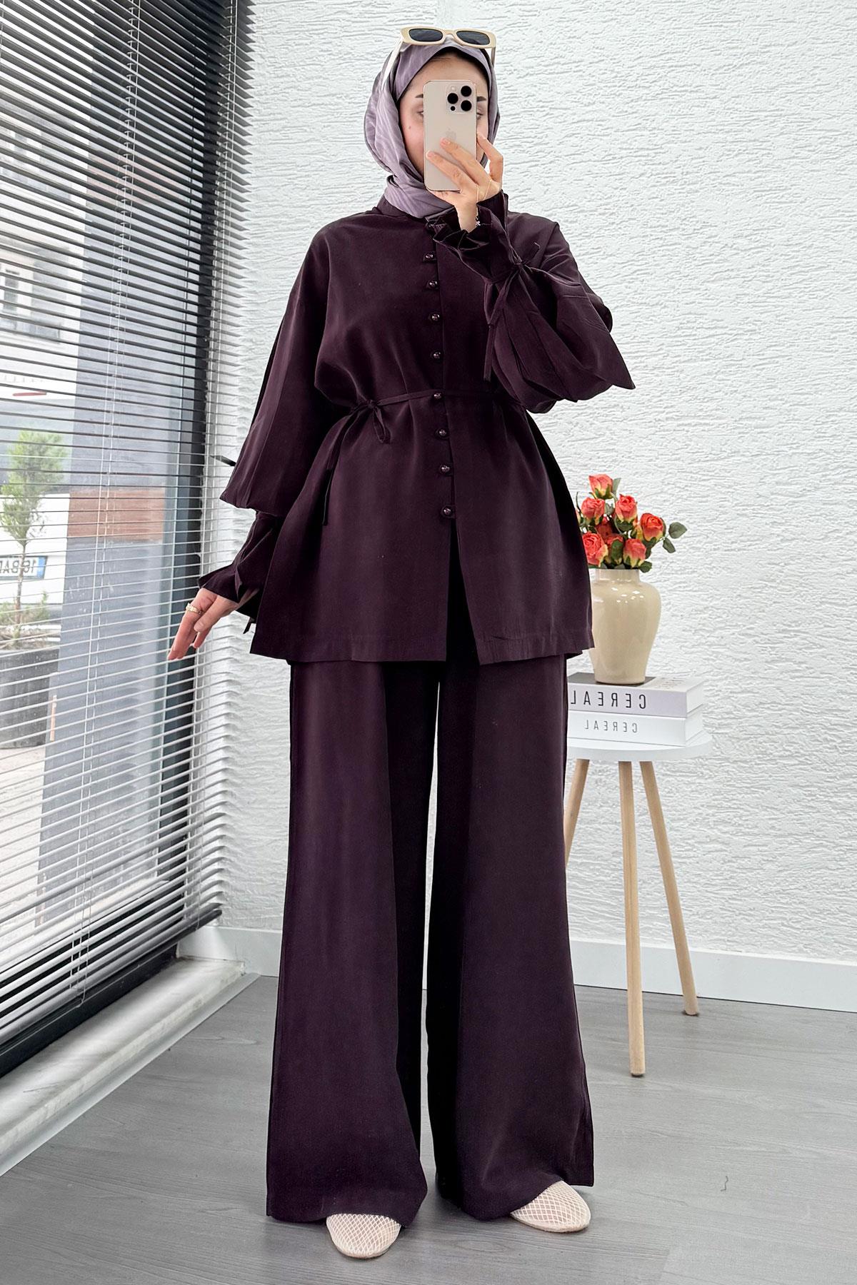 Kolu Pileli Önden Düğmeli Kadın İkili Takım - Mürdüm