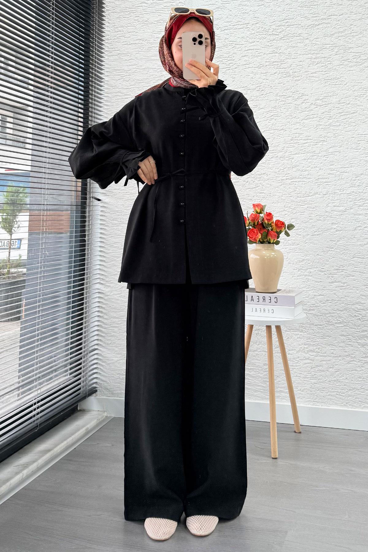 Kolu Pileli Önden Düğmeli Kadın İkili Takım - Siyah