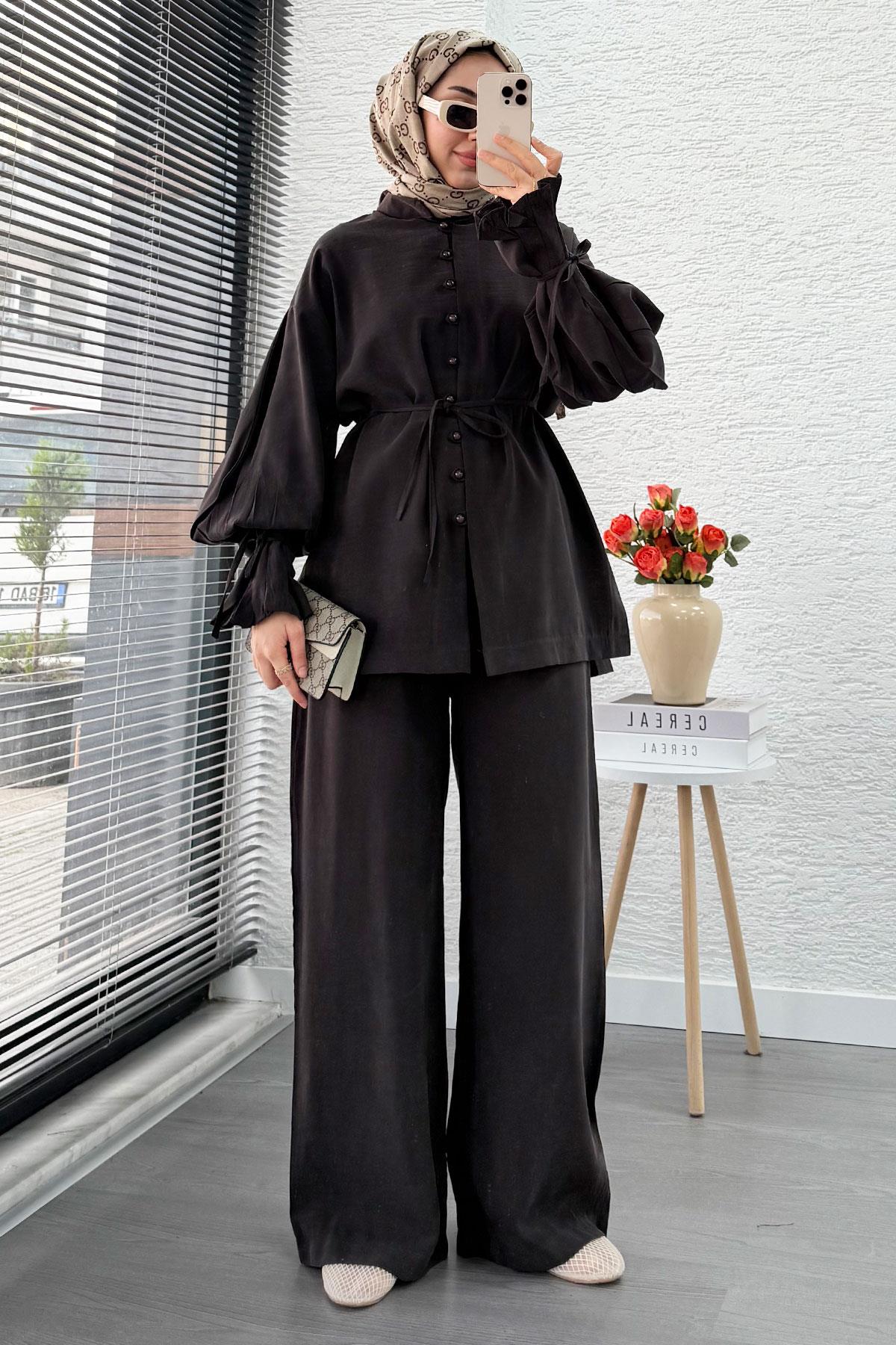 Kolu Pileli Önden Düğmeli Kadın İkili Takım - Acı Kahve