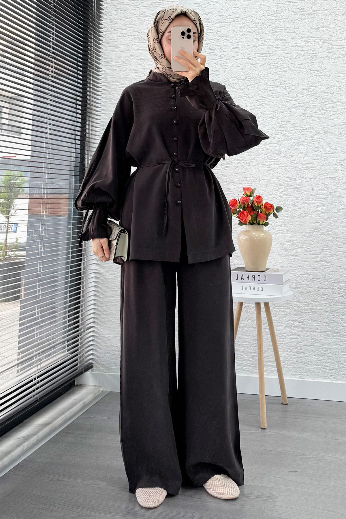 Kolu Pileli Önden Düğmeli Kadın İkili Takım - Acı Kahve