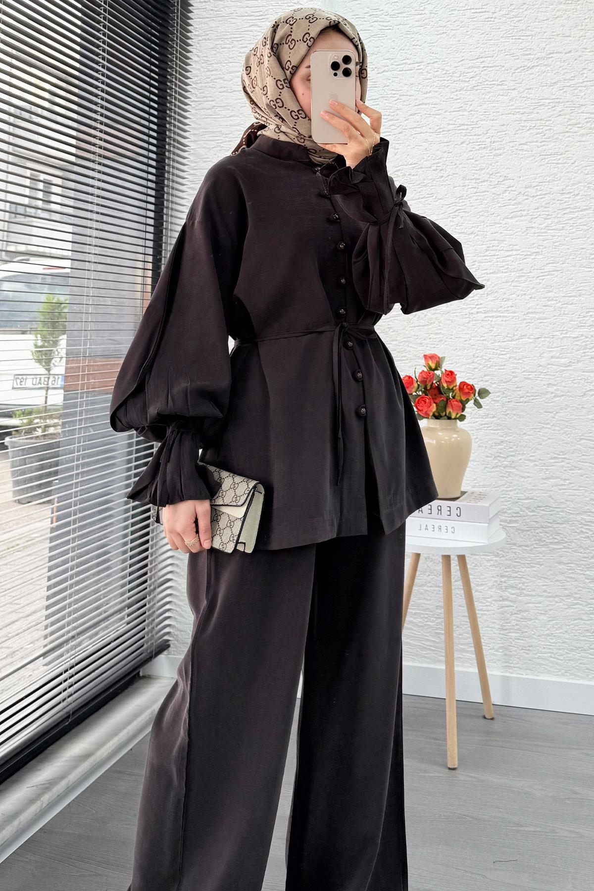 Kolu Pileli Önden Düğmeli Kadın İkili Takım - Acı Kahve