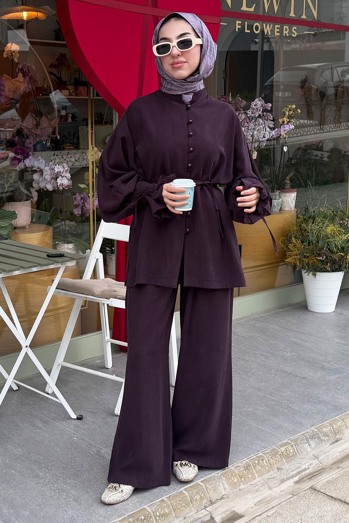 Kolu Pileli Önden Düğmeli Kadın İkili Takım - Mürdüm