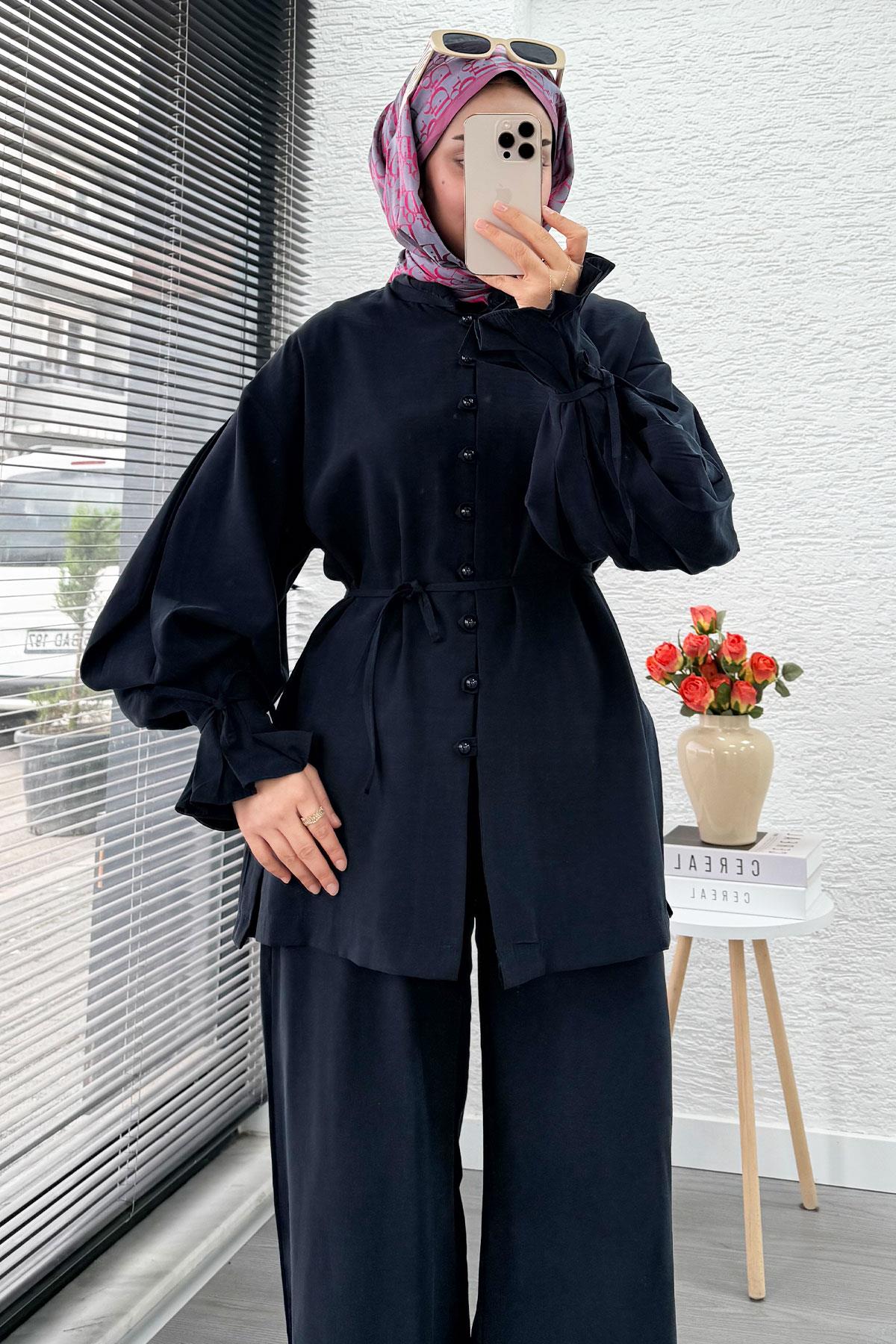 Kolu Pileli Önden Düğmeli Kadın İkili Takım - Lacivert