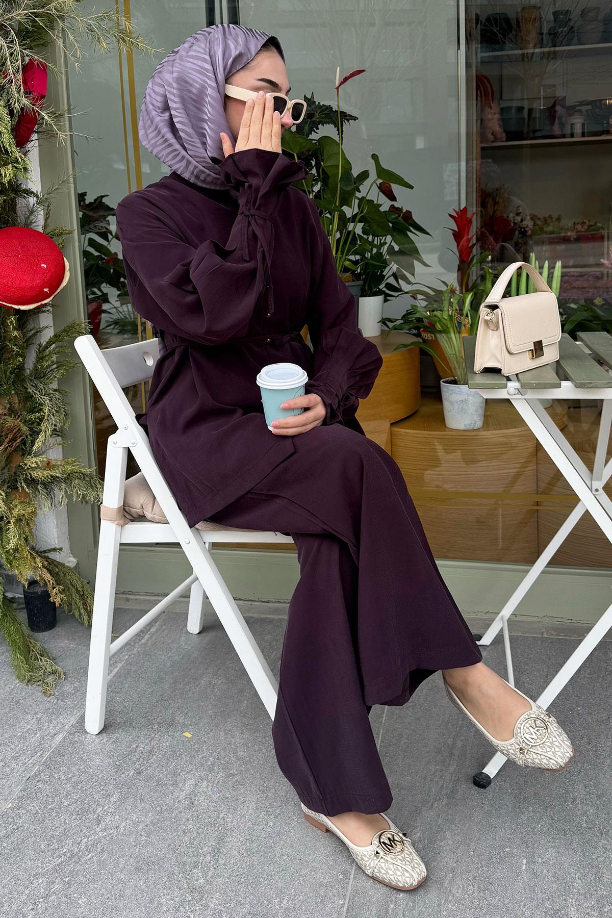 Kolu Pileli Önden Düğmeli Kadın İkili Takım - Mürdüm