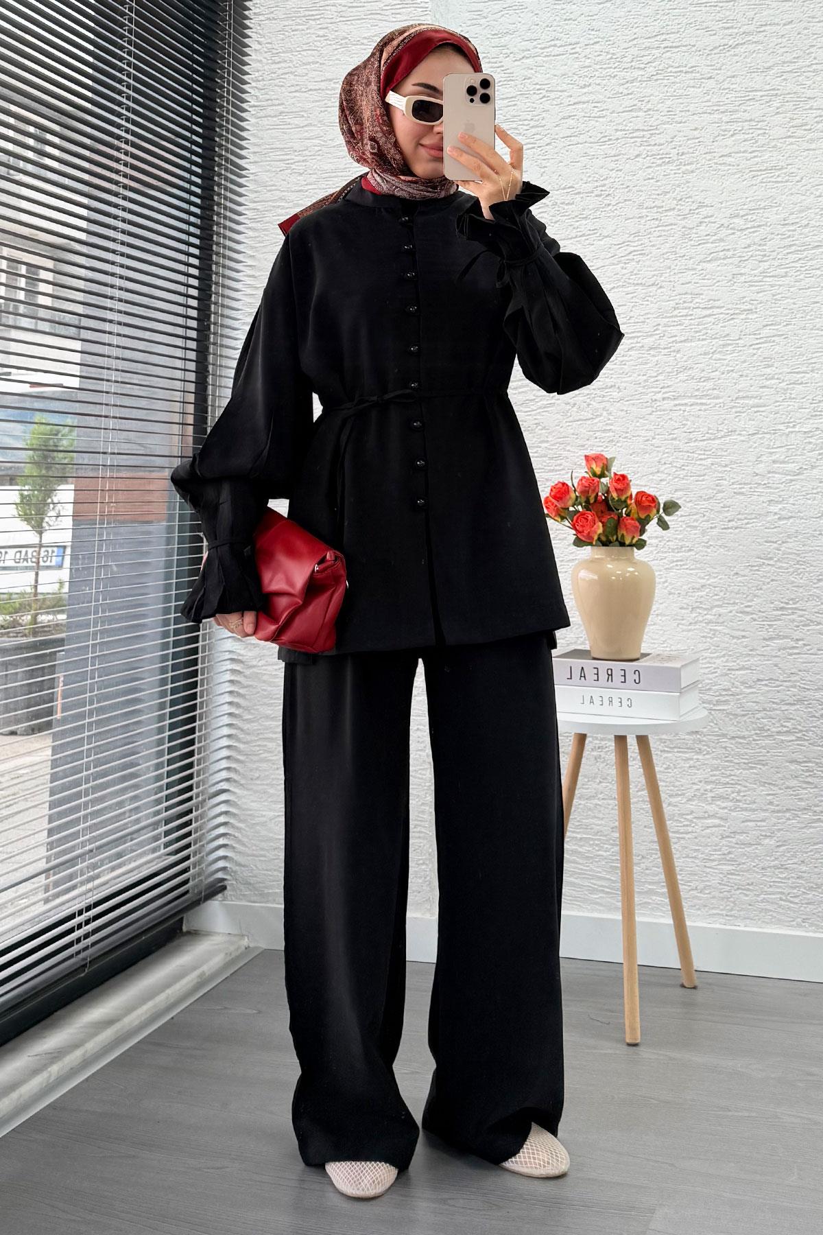 Kolu Pileli Önden Düğmeli Kadın İkili Takım - Siyah