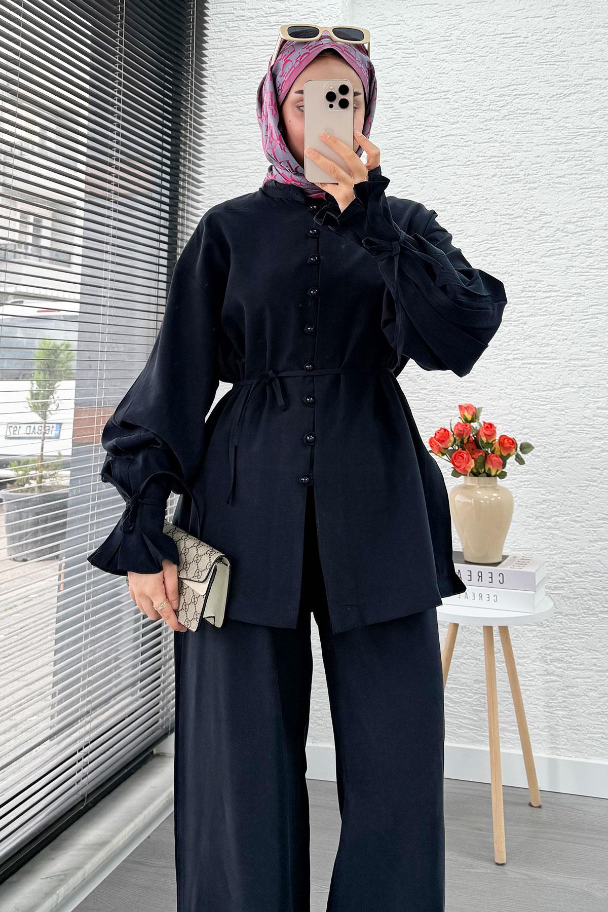 Kolu Pileli Önden Düğmeli Kadın İkili Takım - Lacivert