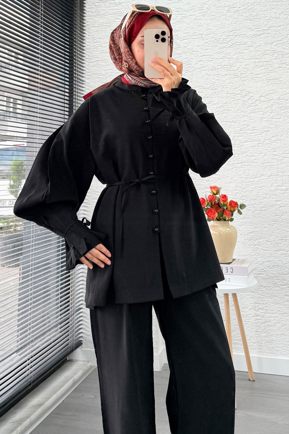 Kolu Pileli Önden Düğmeli Kadın İkili Takım - Siyah