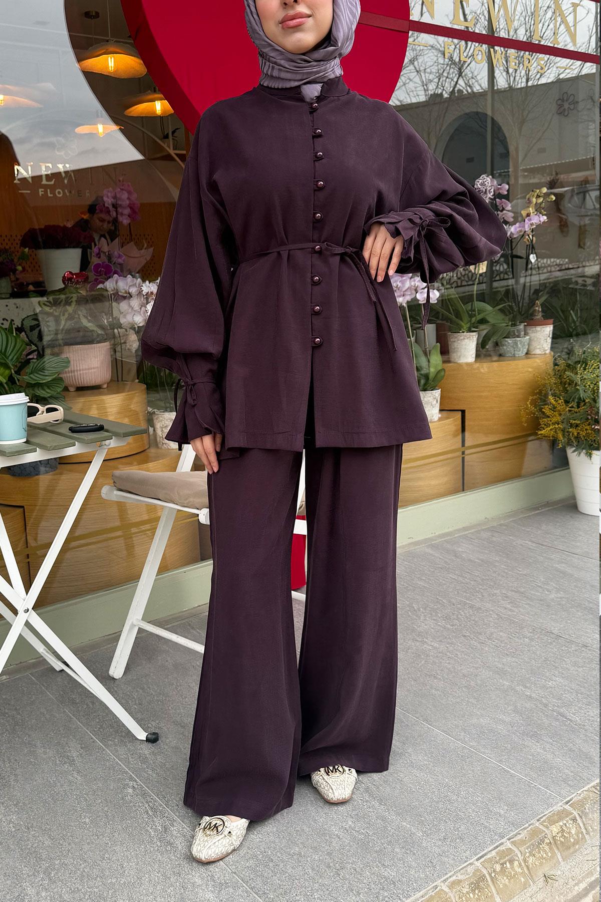 Kolu Pileli Önden Düğmeli Kadın İkili Takım - Mürdüm